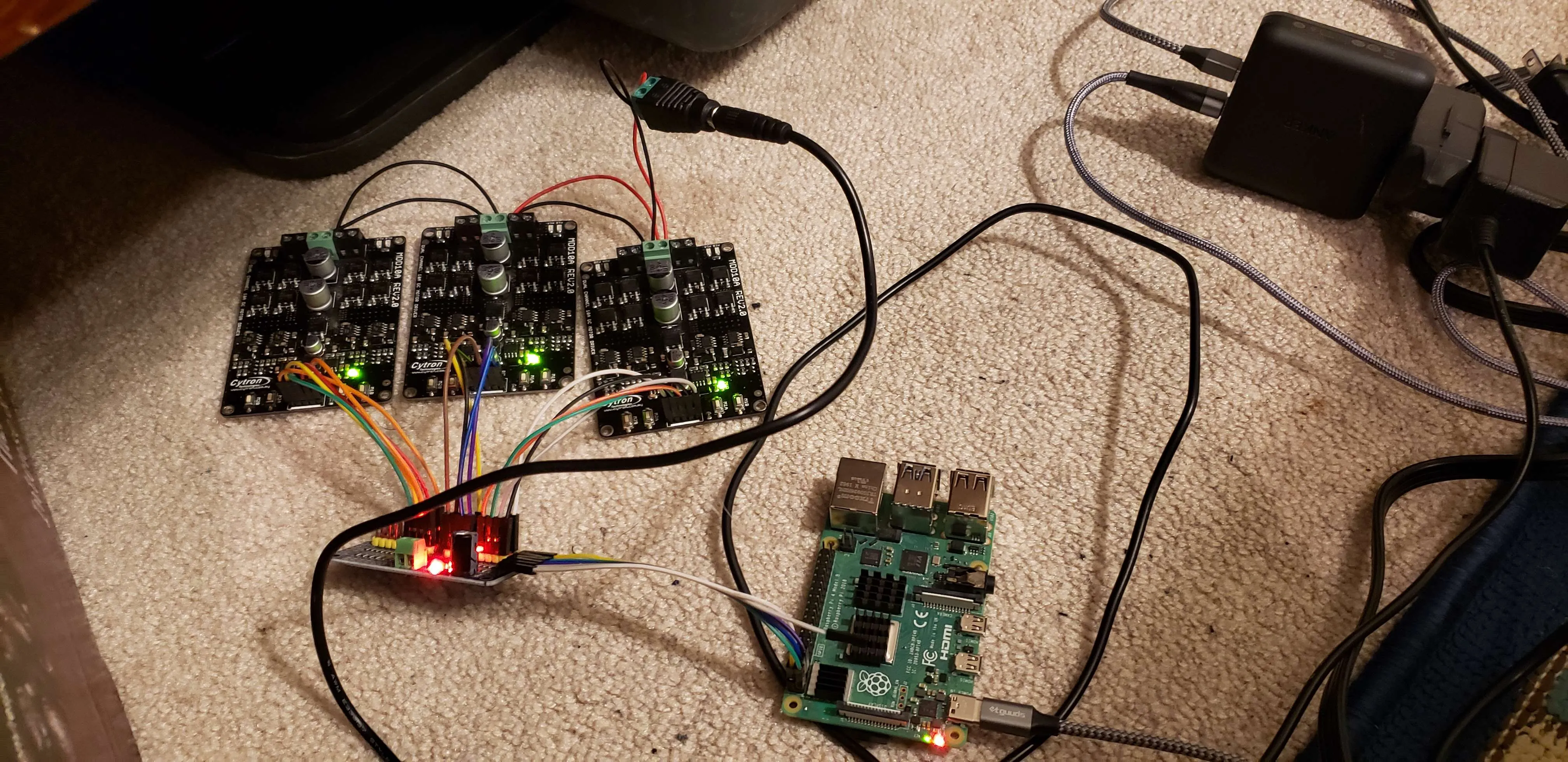 2 channel motor controller boards hooked up to the pi